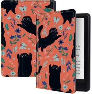 Black Cat Flowers Case for All-New Kindle Fire HD 8 and Fire HD 8 Plus Tablet (2024/2022/2020 Released 14th/12th/10th Gen), PU Leather Folding Stand Slim Case with Auto Sleep/Wake