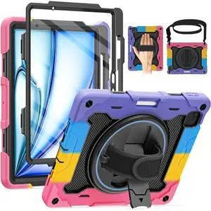 ROSROME for Air 11 inch Case M3 2025 / M2 2024, Air 7th/6th Generation-with HD Screen Protector, 360 Rotating Kickstand/Hand Strap, Shoulder Strap, Pen Holder, Heavy Duty Military Grade- Kids Friendly