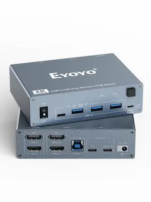 KVM Switch 2 Monitor for 1 Laptop & 1 Desktop: Dual Monitor (4K@60Hz), USB-C & HDMI, Docking Station w/ 4 USB 3.0 Ports, 80W PD Charging, Remote & USB-C Cable