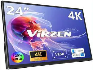 Virzen 4K Large Portable Monitor 24 UHD 3840 * 2160 120% sRGB IPS Dual Speaker USB-C HDMI Extend Second Screen Display VESA Kickstand for Mac External PC Laptop Phone PS4/PS5