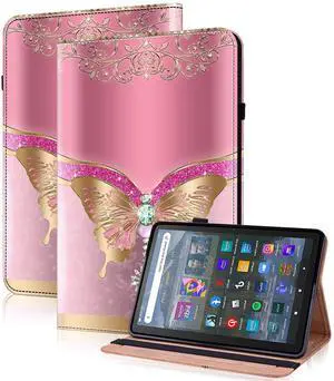 Case for Amazon Fire HD 8 / Fire HD 8 Plus (12th/10th Generation,2024/2022/2020), Folio Stand PU Leather Wallet Cover with Elastic Band & Card Slots for Fire HD 8 Tablet 8 Inch - Pink Butterfly