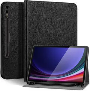Thryxop Genuine Leather Case for Samsung Galaxy Tab S10 Plus/S9 Plus/S9 FE+ 12.4 Inch with Pencil Holder | Slim Protective Cover with Adjustable Stand, Auto Wake/Sleep, Premium Leather | Black