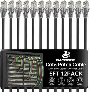 5 Feet Cat6 Patch Cables(12 Pack), Solid Pure Copper Patch Cord, Cat 6 Ethernet Cable, UTP Network, High Speed RJ45 Internet Cables, Compatible for Router, Switche, PC, Server, PS4/5, Xbox - Black
