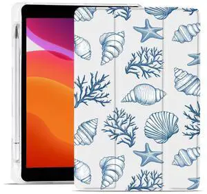 MAYCARI Ocean Marine Life Case for iPad 10.9 inch 2022 with Pencil Holder, Original Pattern iPad 10th Generation Soft TPU Back Protective Cover Shell, Auto Sleep/Wake Slim Shell - Conch Shells Corals