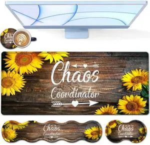 Desk Pad, Keyboard Mouse Pad Set, Extended Gaming Mouse Pad+ Ergonomics Memory Foam Wrist Rest Support,31.5x11.8in Waterproof Large Mouse Pad for Home Office,Chaos Coordinator Sunflower XXL Mouse Mat