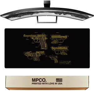 MPCO. Blueprints Large Gaming Desk Pad - 36" x 17" Duraglyde Fabric Pistol 38  Black/Yellow Desk Mats - Non-Slip, Washable, Smooth Glide for Precision Gaming & Work