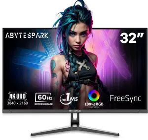 abytespark 32 Inch Ultra Wide UHD 4K (3840 x 2160) Gaming Monitor, IPS 60Hz Ultra-Clear Screen, 1ms (MPRT), 100% sRGB, Built-in Speaker,FreeSync, 2 x DP 1.4 and 2 x HDMI 2.0, Tilt Height Adjustment