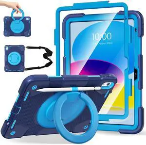 Andnary Case for iPad (A16) 11th /10th Generation 11/10.9 Inch 2025/2022 with Screen Protector/360° Rotate Stand/Shoulder Strap/Pencil Holder, Shockproof iPad 11th/10th Gen Cover (Navy+Blue)