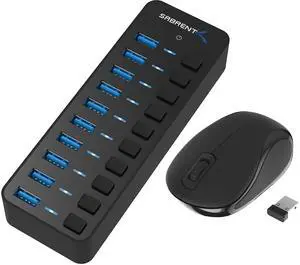 10 Port 60W USB 3.0 Hub with Individual Power Switches and LEDs Includes 60W 12V/5A Power Adapter+Mini Travel 2.4GHz Wireless Mouse with Nano Receiver