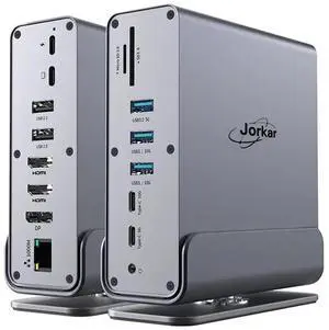 Jorkar Vertical Laptop Docking Station 3 Monitors, 15-in-1 USB C Dock Station Hub Triple Display with 2X 4K HDMI & 1x DP, 10Gbps USB-C and USB-A 3.2 Data, 100W PD Charging+Ethernet+SD/TF+Audio