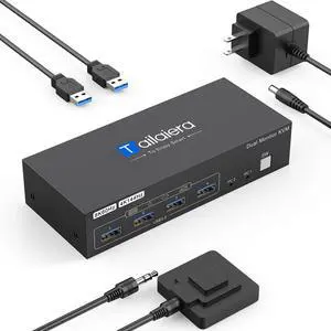 8K HDMI KVM Switch 2 Monitors 2 Computers, 8K@60Hz Dual KVM Switch for 2 Computers Sharing 2 Monitors, Keyboard, Mouse, Hard Drives, Printer, with EDID Adaptive, 2*USB Cables, and Controller