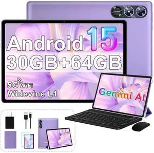 2025 Tablet 10 Inch Android 15 Tablets with Keyboard 30GB RAM 64GB ROM, Octa-Core 2-in-1 Tablet with Gemini AI, 5G WiFi, 6000mAh, HD IPS Display, GPS, Widevine L1, Split Screen, Mouse & Case -Purple