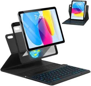 OPAKIT Magnetic Keyboard Case for iPad (A16) 11th 10th Generation 11/10.9 inch, 7 Color Backlit Detachable Wireless Keyboard 360 Rotatable Cover with Pencil Holder for New iPad 10th Gen 2022 - Black