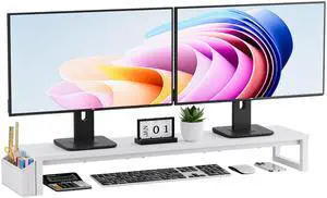 VERSASKY Dual Monitor Stand Riser, 41.5'' Extra Long Wood Monitor Stand Desktop Organizer with Side Pocket, Ergonomic Monitor Riser Supports 2 Monitors,TV,Laptop,Printer for Home Office, White