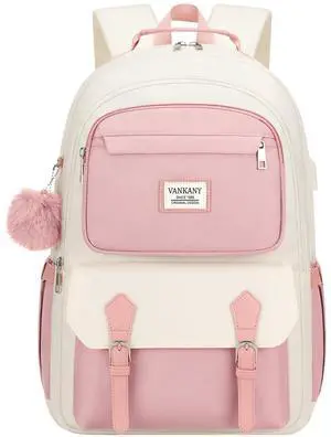 VANKANY Girls Backpack for School, Aesthetic Bookbag Large for Teens Middle High School Travel Cute Laptop Backpack for Women College Students Mochila Mujer, Pink