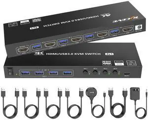 HDMI KVM Switch 4 Computers 1 Monitors 4K@60Hz 2K@120Hz,4 Port KVM Switch with Simulation EDID for 4 PCs Sharing Monitor Keyboard Mouse Hard Drives Printer Wired Remote,Power Adapter Included
