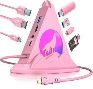 Wolf USB C Hub, Pink 8-in-1 Type C Multiport Adapter with 4K@30Hz HDMI, 100W PD, 5Gbps 1xUSB-C, 3xUSB-A 3.0, SD/TF Slots, Base-Stand, RGB MacBook Adapter for MacBook Air/Pro, iPad, iMac, Surface, XPS