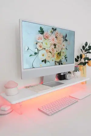 ROCDEER Bamboo Monitor Stand Riser with RGB Lights,31.5 Inches Desktop Shelf with Acrylic Legs Supports for Desk, PC Computer Monitor, Laptops, Printer, Speakers (White)