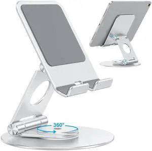 OMOTON Swivel Tablet Stand for iPad with 360 Rotating Base, Foldable Adjustable Holder for Drawing, Compatible with iPad Pro/Air/Mini and More, Silver