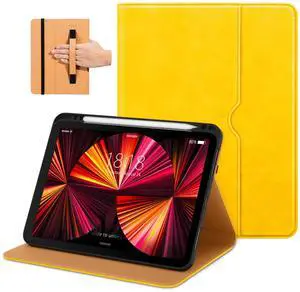 DTTO Case for iPad Pro 11 Inch 4th / 3rd / 2nd / 1st Generation 2022/2021/2020/2018,Premium PU Leather Folio Stand Cover with Hand Strap, Auto Wake/Sleep,Multiple Viewing Angles, Yellow