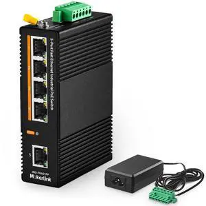MokerLink 5 Port PoE Industrial DIN-Rail Network Switch, 60W IEEE802.3af/at PoE Power, 10/100Mbps Fast Ethernet, IP40 Rated Network Switch (-40 to 185°F), with UL Power Supply