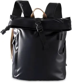 Coreskin Roll Top Backpack for Men&Women, Water Resistant PU Leather Expandable with Adjustable Capacity, Roll Top Back Packs Fits 15.6" Laptop for Travel, Business, College, Camping, Black