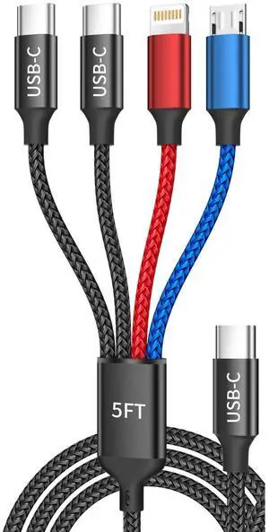 MPATIBY USB C 4 in 1 Charging Cable with Dual Type-C Port 5FT, Travel Essentials Multi Charging Cable for Multiple Devices 1Pack