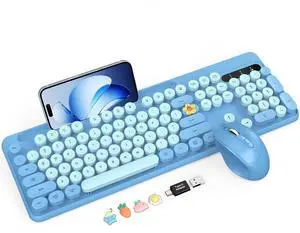 Wireless Keyboard and Mouse Combo, Retro Round Keycaps, Full-Size Cute Typewriter Keyboard with Large Phone/Tablet Holder, Auto-Sleep, 2.4GHz Cordless Connection for Windows/PC/Laptop (Sky Blue)