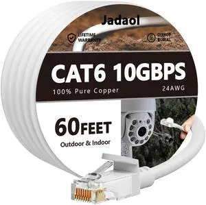 Jadaol Cat 6 Ethernet Cable 60ft, Outdoor&Indoor, 10Gbps Support Cat8/7 Network, 24AWG Pure Copper Patch LAN Cord, Direct Burial Waterproof In-Ground UV Resistant for Router, Modem, Switch, POE, White