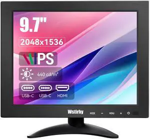 Wstirhy 9.7 Inch Small Monitor 2048x1536 IPS Display, 4:3 Second Screen, 440 Nit Brightness, Dual USB-C & HDMI, Built-in Speakers, VESA Mountable, External Monitor for Laptop PC Phone RasPi