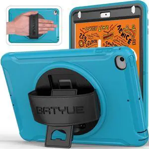 BATYUE for iPad mini 5/4 7.9 Inch Case (2019/2015), Shockproof Cover with 360° Kickstand & Pencil Holder, Comfortable Leather Hand Strap for Easy Grip - Light Blue