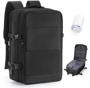 Vacuum Travel Backpack with Pump for Women, Personal Item Carry on Backpacks Flight Approved 18x14x8 inches for Men,Laptop Waterproof Work Compression bags Casual Daypack,Black.