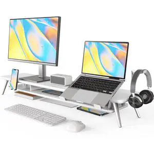 Fenge Dual Monitor Stand, Monitor Riser for 2 Monitors with Adjustable Laptop Riser , 42.5 Inch Desk Shelf for Top of Desk with Phone Holder& Headphone Stand