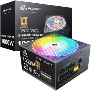 Auotac 1000W Fully Modular Power Supply 80+ Gold Certified with 12V-2x6 Cable  ATX 3.1 & PCIe 5.1 Compliant, 140mm RGB Low-Noise Smart Fan, 105-Rated Capacitors, Black