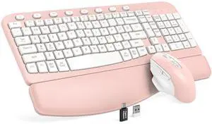 SABLUTE Wireless Keyboard and Mouse Combo, Ergonomic Wave Keys, Cushioned Plam Rest, Comfortable Silent Natural Typing, 2.4G Lag-Free, Full Size Keyboards Cordless Set for Multi-OS, Windows/Mac, Pink