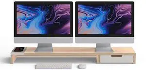 POUT E9 Dual Monitor Stand with Drawer - Wireless Charger and USB Hub (Maple White)