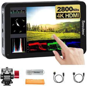 Desview R6 Camera Field Monitor, 5.5 inch Touch Screen 2800nits Ultra Brightness Full HD 1920x1080 IPS Panel with HDR 3D LUT Waveform Peaking 4K HDMI in/Out 8V DC Output on DSLR