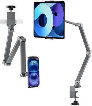 Tablet Stand iPad Phone Holder for Desk, Heavy Duty Aluminum 360° Rotating & Foldable Arm Mount Kindle Holder for Bed, Stand for iPad, Kindle, Portable Monitor, Samsung Galaxy Tab, Grey (Max 15.6")