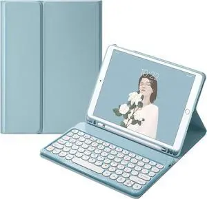 AnMengXinLing Galaxy Tab A8 10.5 Inch 2022 Keyboard Case, Protective Cover Case with Candy Color Cute Round Key Magnetically Detachable Keyboard for SM-X200/X205/X207, Mist Blue