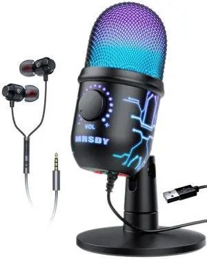 MRSDY USB Microphone for PC, Mac, PS4, PS5, RGB Computer Microphone with Monitor, Mute and Noise Reduction, Great for Recording, Streaming, Gaming, Podcasting