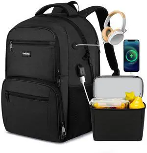 kadilong 17.3 Inch Laptop Backpack Insulated Cooler Backpack with Lunch Box,Lunch Bookbag for Men Teens Boys School Work Picnic College Travel,Computer Bag Meal Prep with USB Charging Port,Black