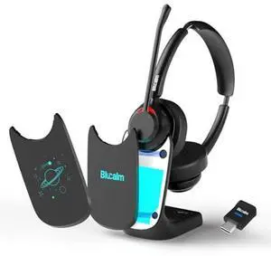 Blucalm Business V5.4 Wireless Headset with Charging Base, Computer Headset with Mic & 2.4 G USB Dongle for PC/Phone Work, Wireless Headphones with Noise-Cancelling Mic for Office, WFH, Teams, Zoom