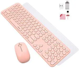 Mobifice Cute Wireless Keyboard and Mouse Combo Slim 2.4GHz USB Cordless Full Size Silent Retro Keyboard and Mouse Set for PC Computer,Laptop,Windows,Mac,TabletsUpgraded Peach