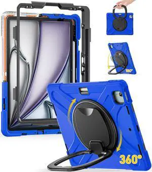 BRAECN for iPad Air 13 Inch Case M3 2025/ M2 2024, iPad Pro 12.9 (6th/5th/4th/3rd Gen), Heavy Duty Shockproof Cover with Pencil Holder, Rotating Handle Grip, Stable Kickstand, Shoulder Strap, Blue