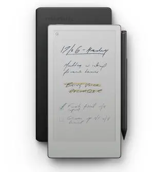 reMarkable Paper Pro Move - Leather Folio Bundle | Ultraportable Color 7.3" Paper Tablet with Marker Plus Pen with Eraser, and a Book Folio Cover in Black Leather