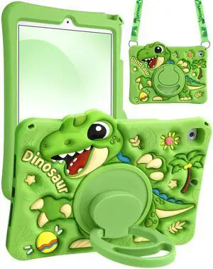 Boaretiu for iPad 9.7 Inch for iPad 6th/5th Generation Case 2018 2017 - Cute Cartoon with Shoulder Strap & Rotating Stand for Boys Girls Teens Soft Silicone for Air1 Air2, Green Dinosaur