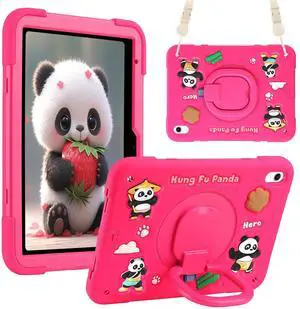 YVYI Case for iPad A16 11th Generation 11 Inch 2025, iPad 10th Generation 10.9 Inch 2022, Silicone 3D Panda Design Kids Case Heavy Duty Protection with Kickstand/Pencil Holder/Strap (Rose)