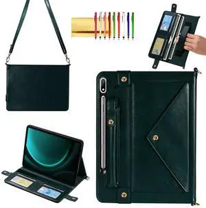 Handbag Case for Samsung Galaxy Tab S10 Plus/S9 FE+/S9+ 12.4", Techcircle Folio Stand Crossbody Wallet Case w/Pen Holder+Card Slots Pocket, Built-in Hand Strap+Removable Shoulder Strap, Midnight Green