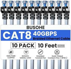 BUSOHE Cat 8 Ethernet Cable 10 FT 10 Pack, Nylon Braided High Speed Heavy Duty Network LAN Patch Cord, 40Gbps 2000Mhz SFTP Shielded RJ45 Flat Internet Cable for TV/PC/Router, in Wall, Indoor, Outdoor