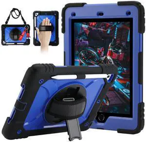for iPad 6th Generation/iPad 5th Gen/iPad Air 2/iPad Pro 9.7" Case with Cute Key Chain, Rugged Protective Case with Rotating Stand & Shoulder Hand Strap for iPad 6th/5th/ Air 2 (Black+Blue)